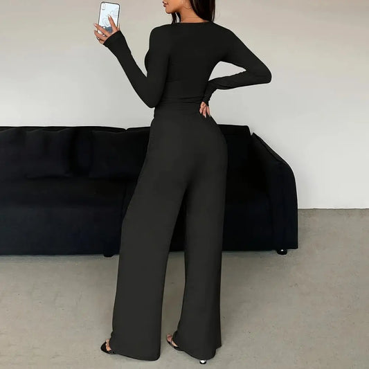 Button Up Crop Top & Wide Leg Pants Set, Women's Long Sleeve Matching Lounge Outfit Casual Fall Spring Tracksuits 
