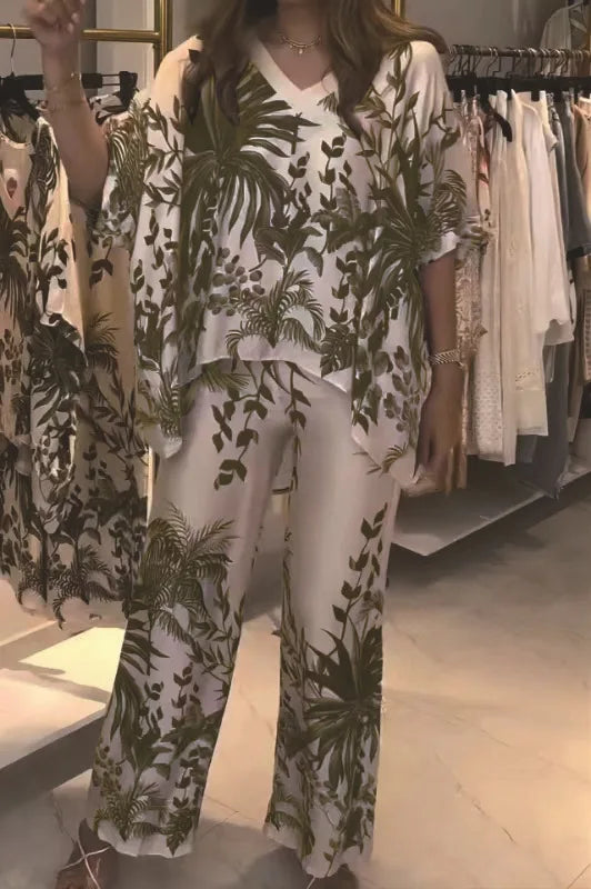 Fashion Short-sleeved V-neck Top + Wide-leg Pants 2-piece Set Women Elegant Spring Loose Irregular Top Floral Print Suit Female