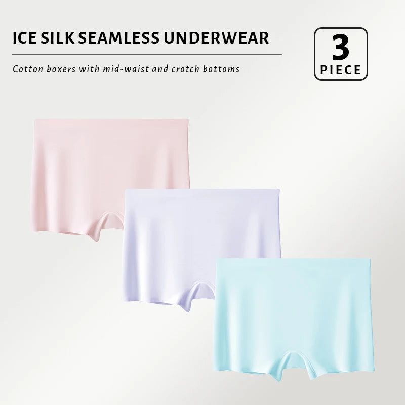 FallSweet 3PCS Seamless Ice Silk Boxers for Women Safety Panties Underwear Plus Size Underpants Soft Invisible Boyshorts M/L/XL