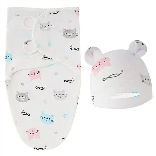 Baby Blanket Hat Set Cartoon Printed Cotton Newborn Swaddle Adjustable Infant Sleeping Swaddle Wraps All Seasons 0-6 Months