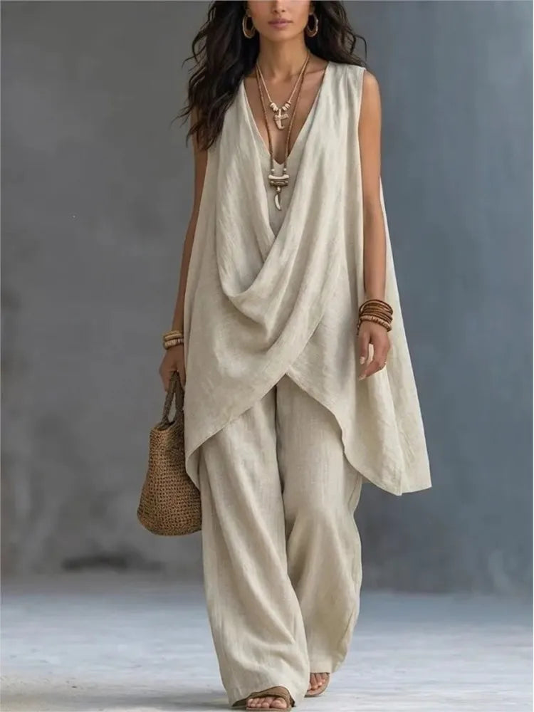 Women's Fashion Cotton Linen Irregular Sleeveless Long Tops 2-piece Set Spring Summer New Casual Wide-leg Trousers Female Suit