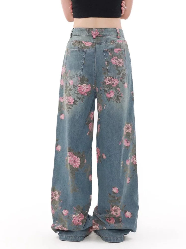 2026 Ropa Y2K Fashion Peach Blossom Printed Baggy Jeans Pants For Women Clothing Wide Leg Casual Lady Trousers Pantalon Femme