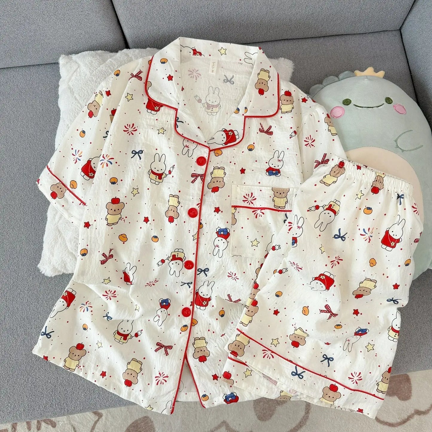 Cute Miffy Women Summer Pajamas Set Short Sleeve Shorts Comfortable Loose Soft Breathable Casual Homewear Loungewear Sleepwear
