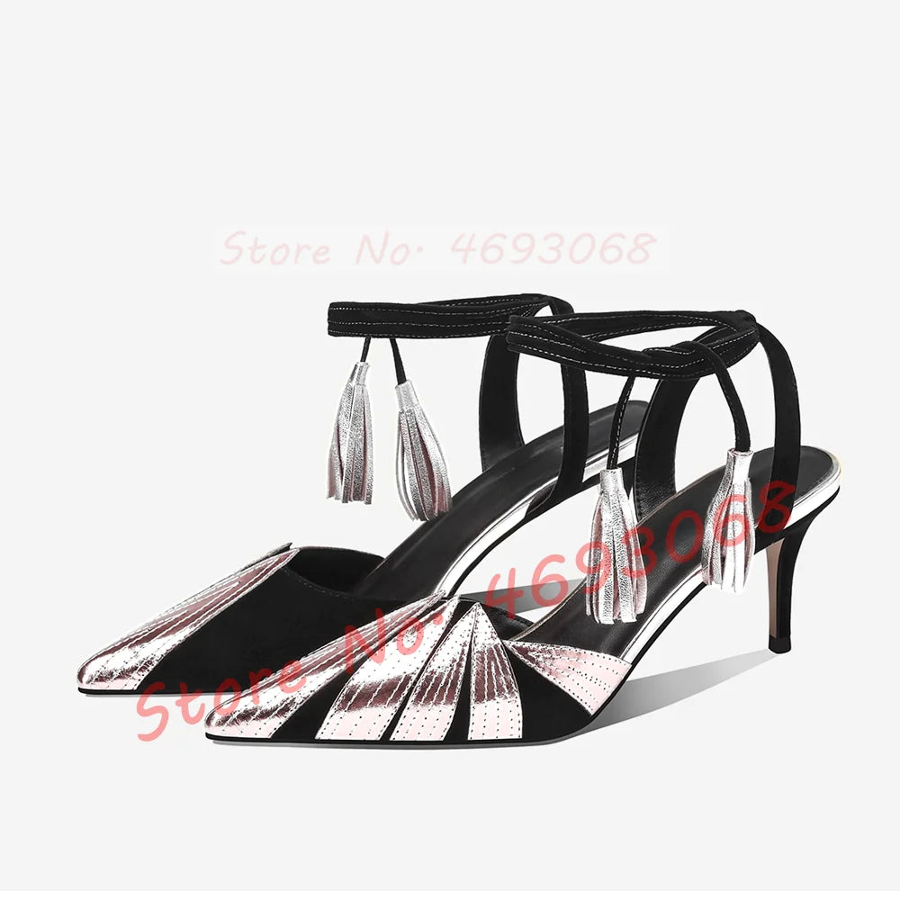 Golden Leaves Wrapped Heeled Sandals Women Fashion Metallic Leather Pointed Toe Shoes Sexy Two Tone Lace Up Fringes Sandals