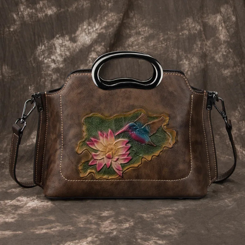 2026 Vintage Genius Leather Tote Bags Large Capacity Floral Print Shoulder Bags Ladies Travel Commuting Handbags