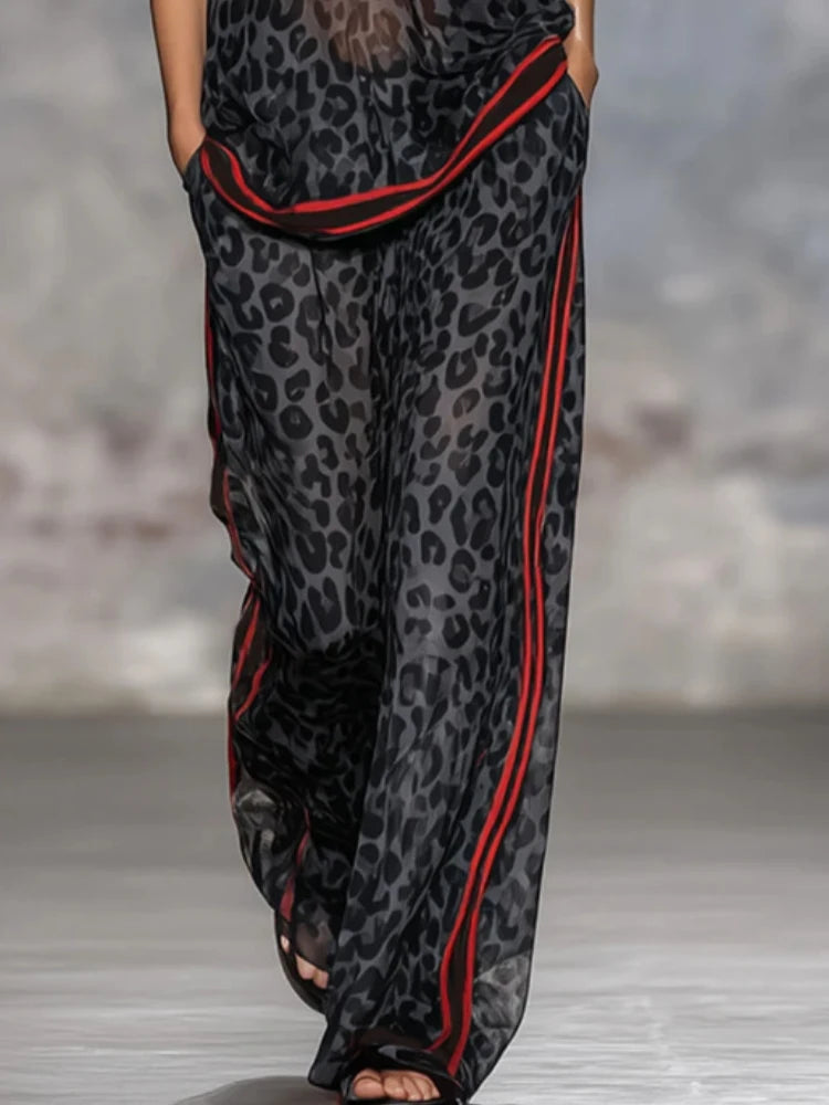 Summer Women's Casual Trousers Set Leopard Print Stripe Contrast Color V-Neck Short-sleeved Top Wide-leg Pants Two-piece Sets