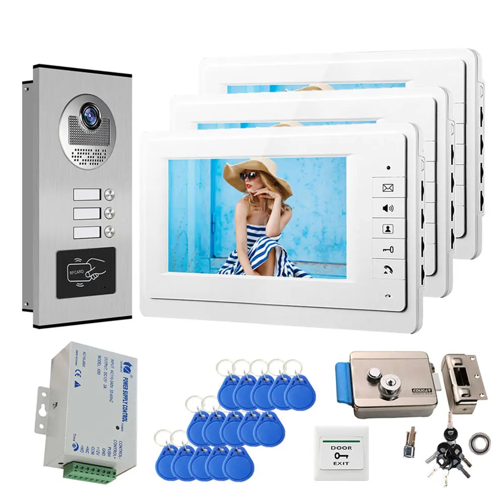 7 Inch Color Video Door Phone doorbell RFID Access Control Camera System for 2/3/4Unit multi apartments Intercom