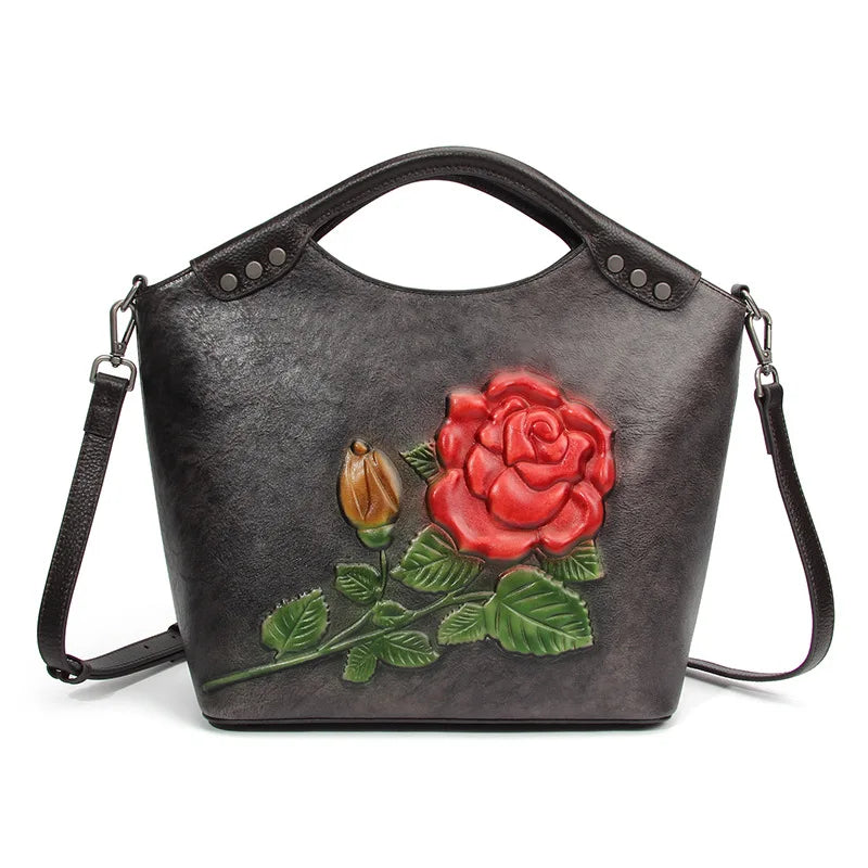 Large Capacity Genuine Leather Crossbody Bag for WomenCowhide Tote with 3D Embossing Hand-Painted Mother Gift Shoulder Purse