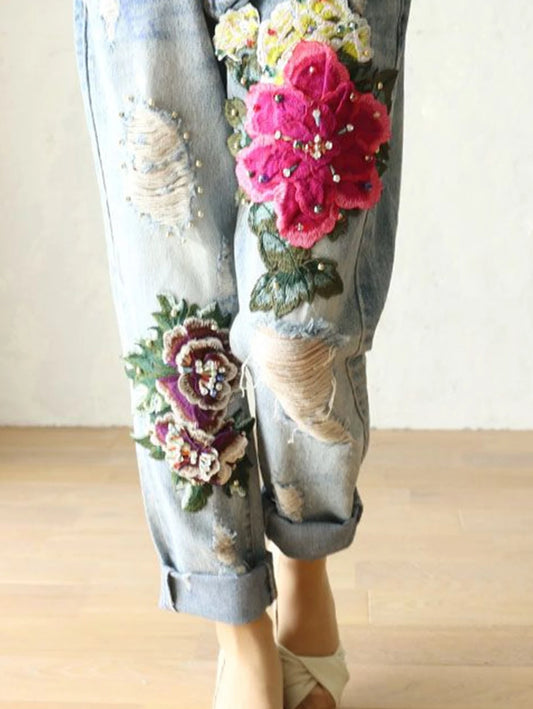 2026 Fashion Jeans For Women Summer Casual Floral Embroidery Denim Trousers Ladies Elegant New Females Loose Harem Pants