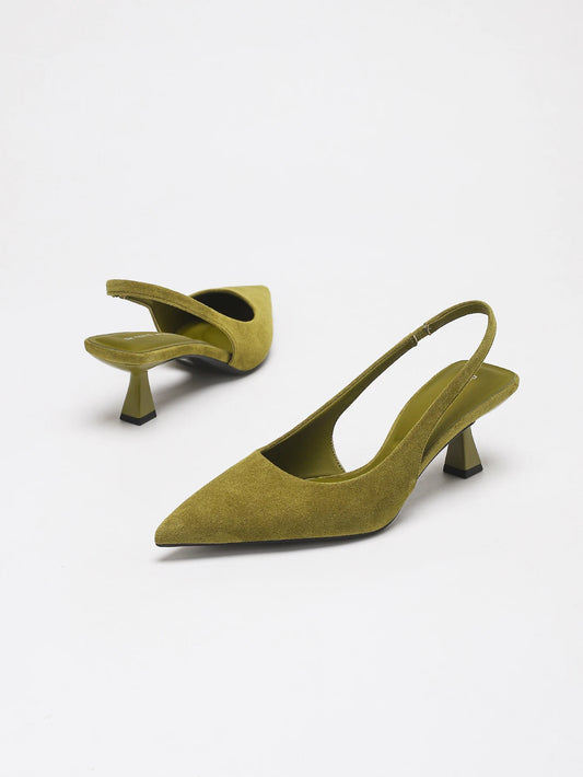 WOMEN OLIVE GREEN FAUX SUEDE SLINGBACK KITTEN HEELS POINTED TOE LOW HEEL PUMPS ELEGANT DRESS PARTY OFFICE SHOES