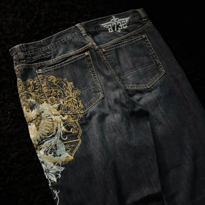 American New Fashion Cherry Blossom Letter Pattern Embroidered Baggy Jeans Women Y2K Gothic Popular Straight Wide-leg Trousers