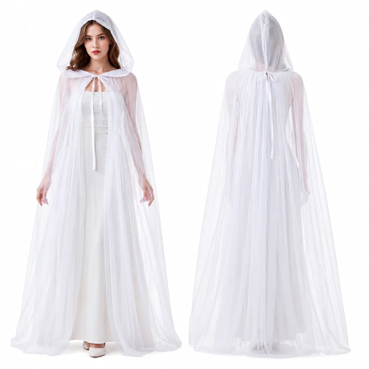 Sheer Tulle Hooded Full‑Length Cape for Women, Lightweight Flowy Gothic Cloak with Neck Tie, Halloween Witch Vampire Cosplay Costume Accessory for Fancy Dress Party Photo Shoot