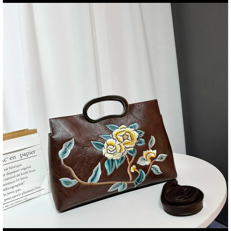 Elegant Women's Handbag Embroidered Peony Print Crossbody Bag Wear-Resistant Fashionable Daily Use Square Shape Zipper Closure