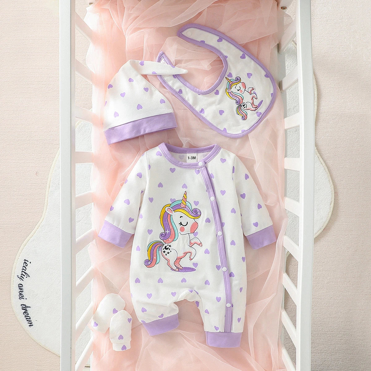 4PCS Newborn Baby girl lovely and sweet Polka dot printingPatch Bear autumn Cute jumpsuits+Hat+Bib