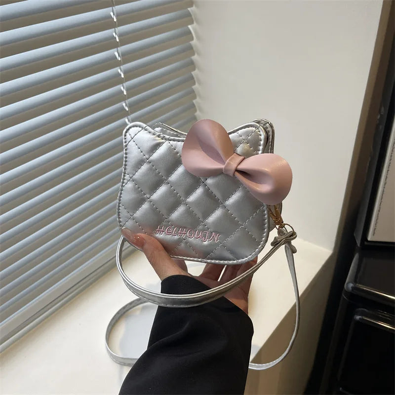 Lovely Cat Pattern Women Handbag Fashion Rhombus Grid Shoulder Bag Sweet Bowknot Crossbody Bag