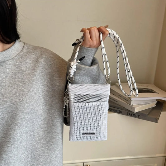 Cute Korean Nylon Mesh Wallet Teenager Hollow Shoulder Purse Bags Crossbody Solid Color Mobile Phone Bag Travel