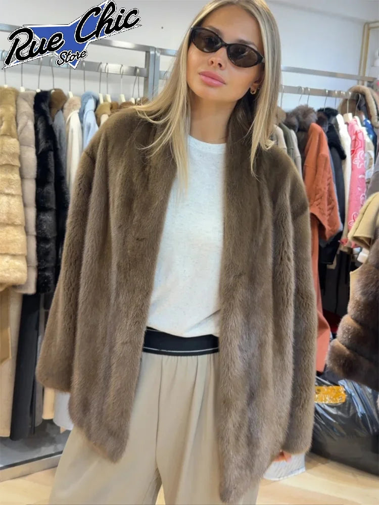 Collarless Long Sleeve Faux Fur Coats Women Brown Open Front Plush Warm Outerwear 2026 Lady Casual Loose Furry Daily Jackets New
