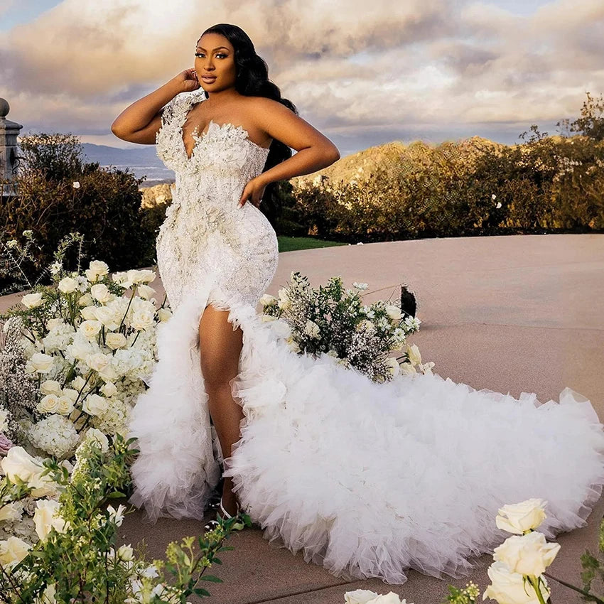 Customized Tulle Slit Ruffle Train Mermaid Wedding Dress 2026 One Shoulder Heavy Beaded Brides Wedding Dresses Luxury W1492