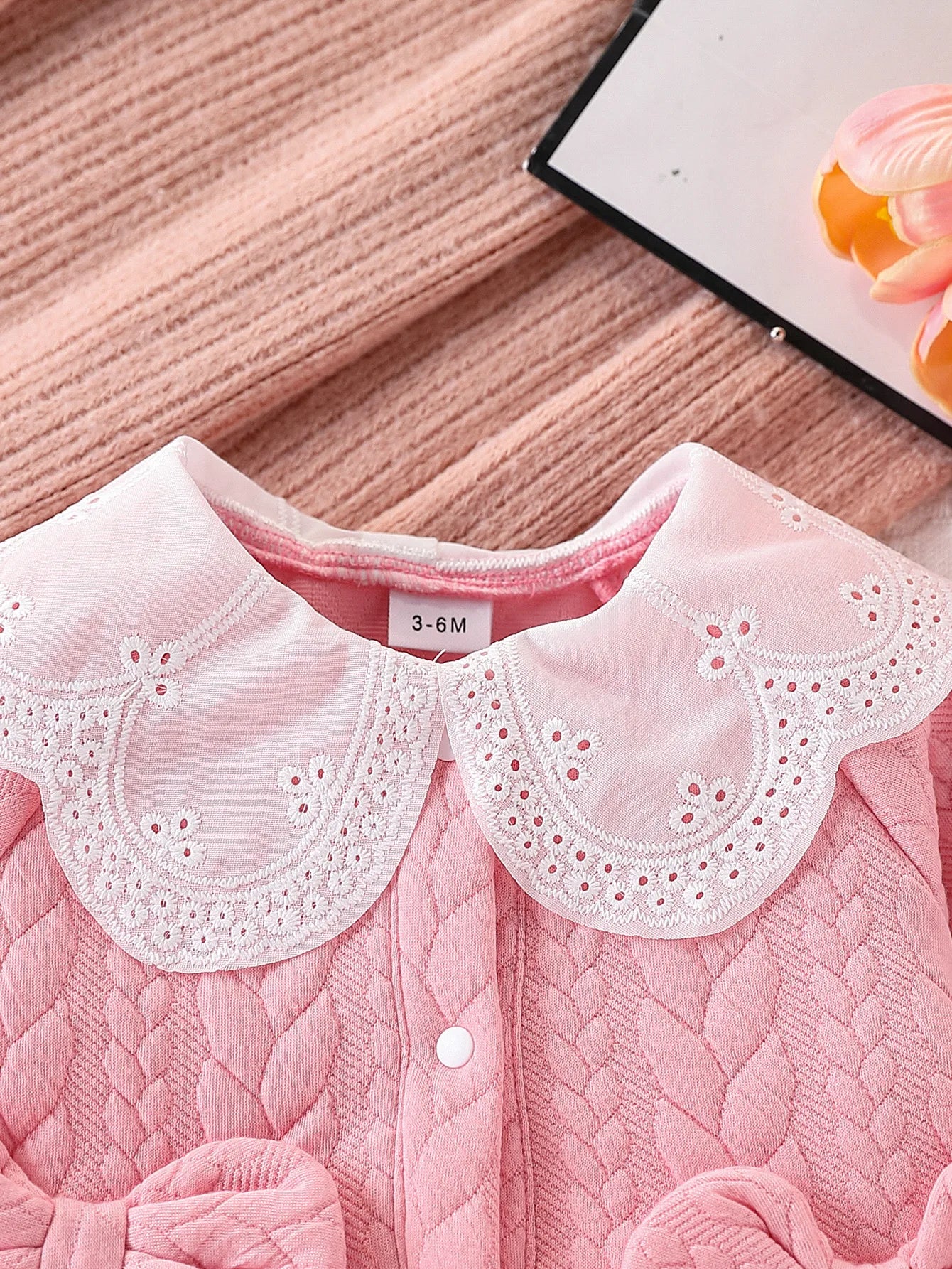Pink Thickened One-Piece Romper for Baby Girls, with Cable Knit Quilted Fabric, Doll Collar with Hollow Lace, Double Bow, Snap Buttons on the Front and Crotch, Warm and Cute