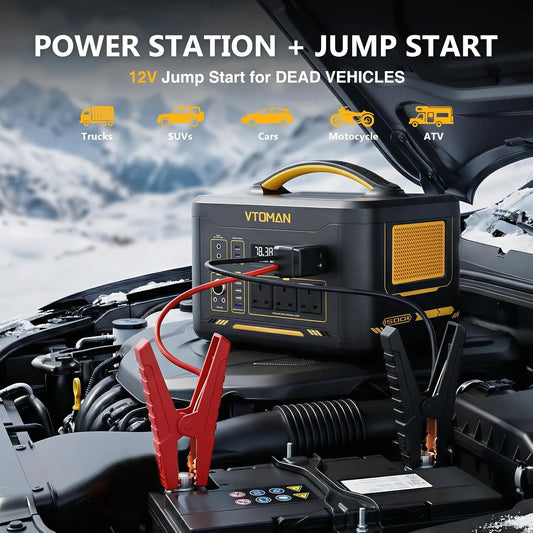 VTOMAN Jump 1500X Portable Power Station with Jump Cables, 828Wh LiFePO4 Solar Generator, 1500W AC Outlets & 100W PD Type-C with Regulated DC Output, for Home Backup & Roadside Emergencies