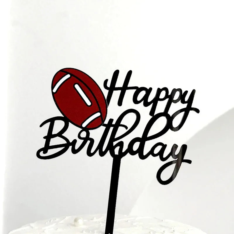 New Football Happy Birthday Cake Topper Decoration Basketball Tennis Rugby Acrylic Kids Party Gift Cake Toppers Baking Supplies