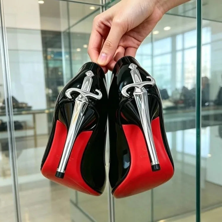 2026 New Red Sole High Heels Women's Thin Heel Pointed Toe Metal Sword Sexy Lady Black Painted Leather Single Shoes