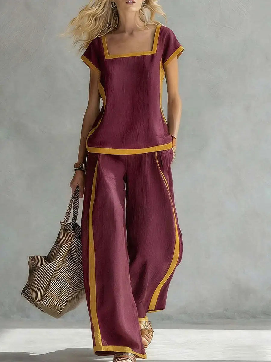 Fashion Square-neck Short-sleeved Wide-leg Trousers Women 2piece Summer New Casual Retro Pocket Trousers Female Office Suit 2026