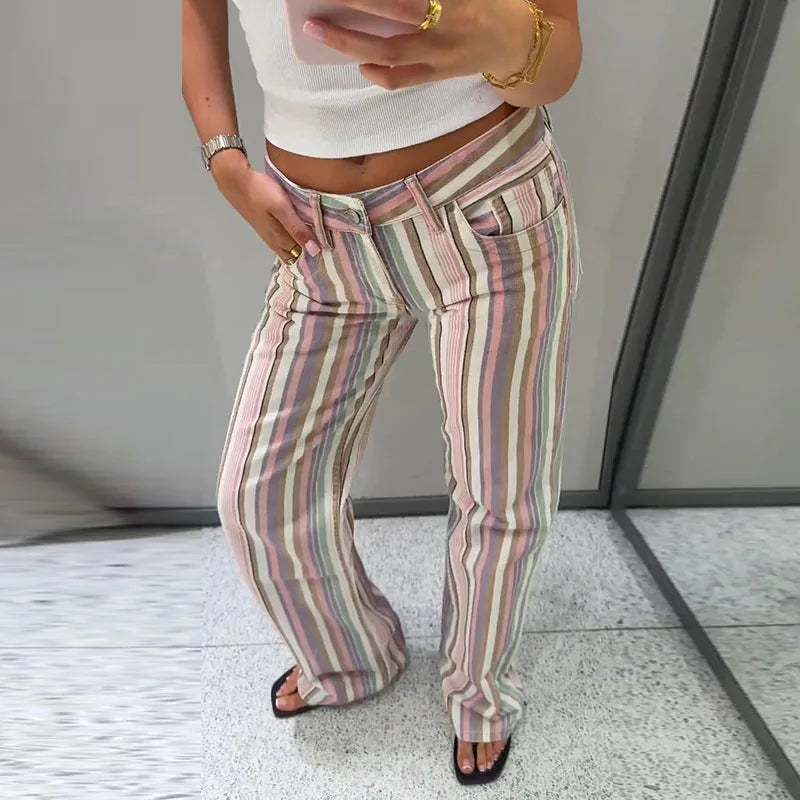 Rainbow Colorful Striped Pants Low-rise Braided Twist Denim Straight Lady Wide Leg Trousers 2026 Spring Summer Chic Casual Jeans