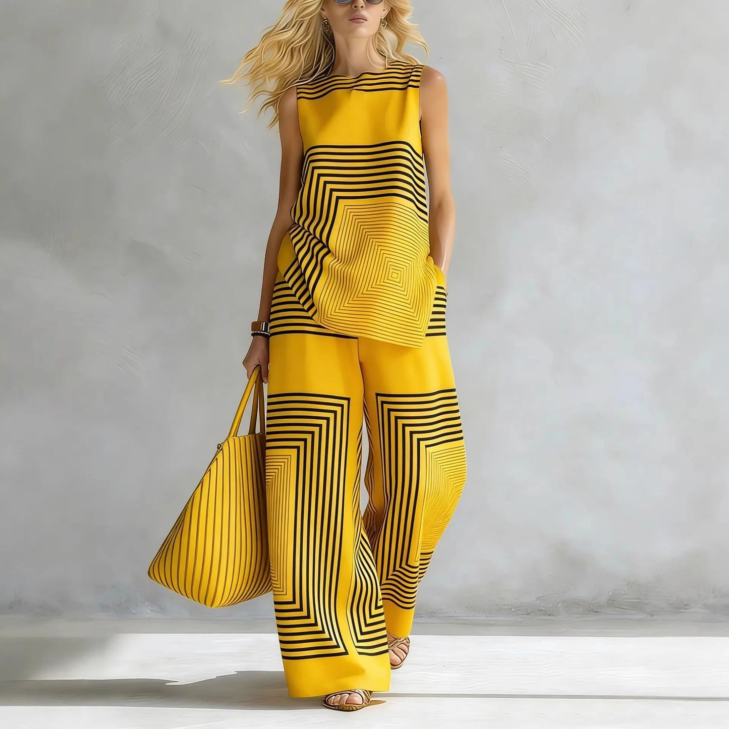 2026 New Women's Summer Fashion Casual Sets Loose Striped 2 Piece Set Sleeveless Vest Tops High Waisted Wide Leg Pants Suits For