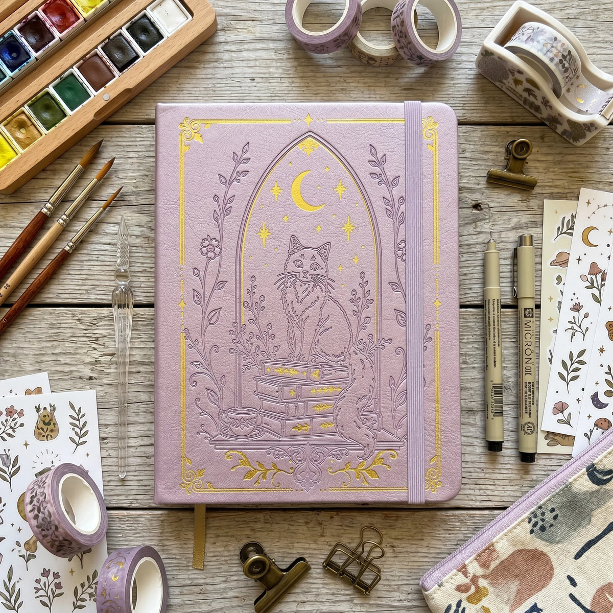 B6 Dot Grid Notebook, 160gsm Ivory Paper, 5mm Dotted Pages, Lay-Flat Hardcover with Gold Foil Cat Moon Design, Elastic Closure