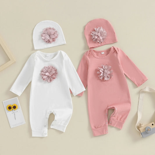 VISgogo 2 cs Newborn Rompers Spring Autumn Baby Girl Clothes Floral Cotton Blend Jumpsuit Overall + Hat Suit for 0-18 months
