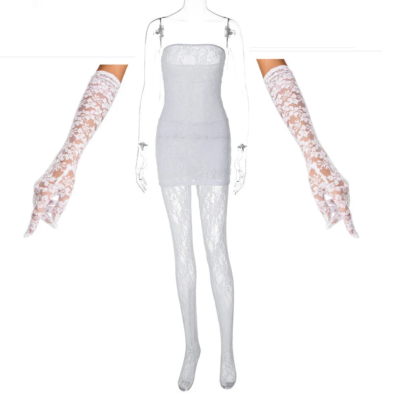 3 Pieces Women Mini Dress + Leggings + Gloves Matching Set 2025 New Club Party See Through Black Red Lace Dresses Suit Outfits