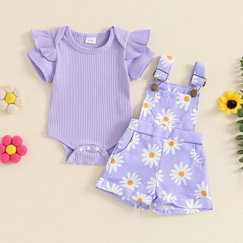 0-18months infant Girls Shorts Set Short Sleeve Romper Flower Print Suspender Shorts Summer Outfit for Baby girls