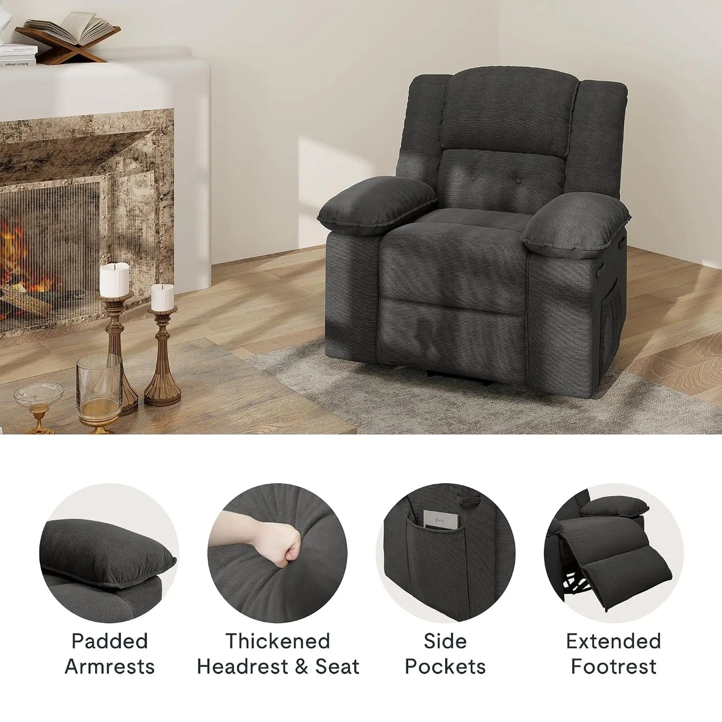 Massage Heat Rocker Recliner Chair, 360° Swivel Glider, Manual w/USB & Side Pocket, Compact Living Room Apartment, Brown, Custom