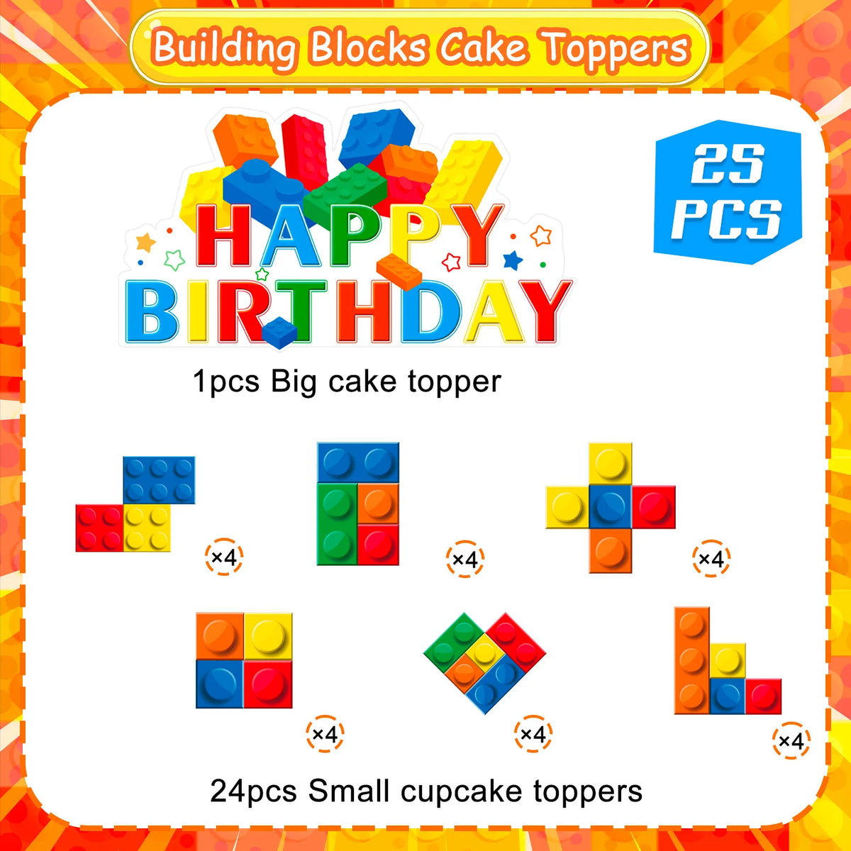 Building Blocks Cake Topper, 24 Pcs Building Block Birthday Party Cupcake Toppers + 1 Pcs Building Block Birthday Cake Topper
