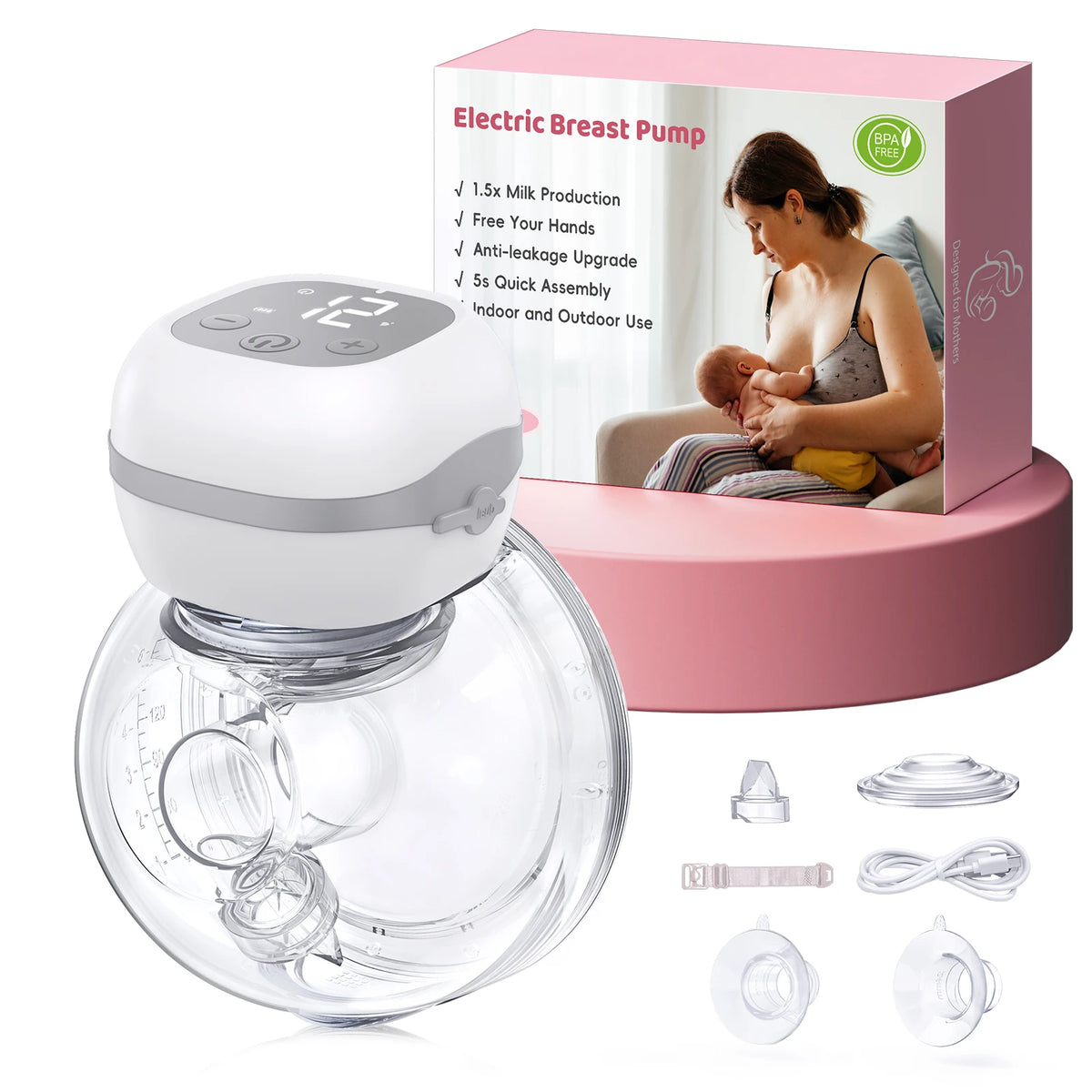 Jheppbay Electric Breast Pump BPA-Free 3 Modes & 12 Levels Hands Free Breastpump with 21/24/27 mm Flange for Breastfeeding