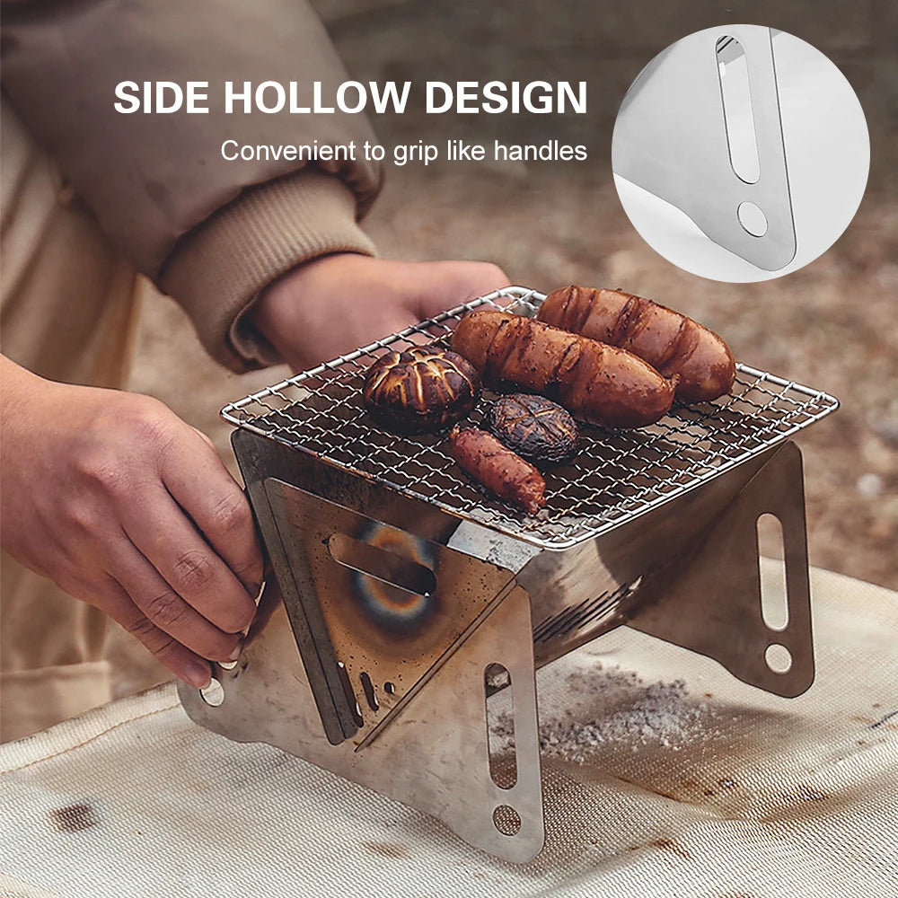 Camping Wood Burning Stove with Grill Plate Outdoor Portable Folding