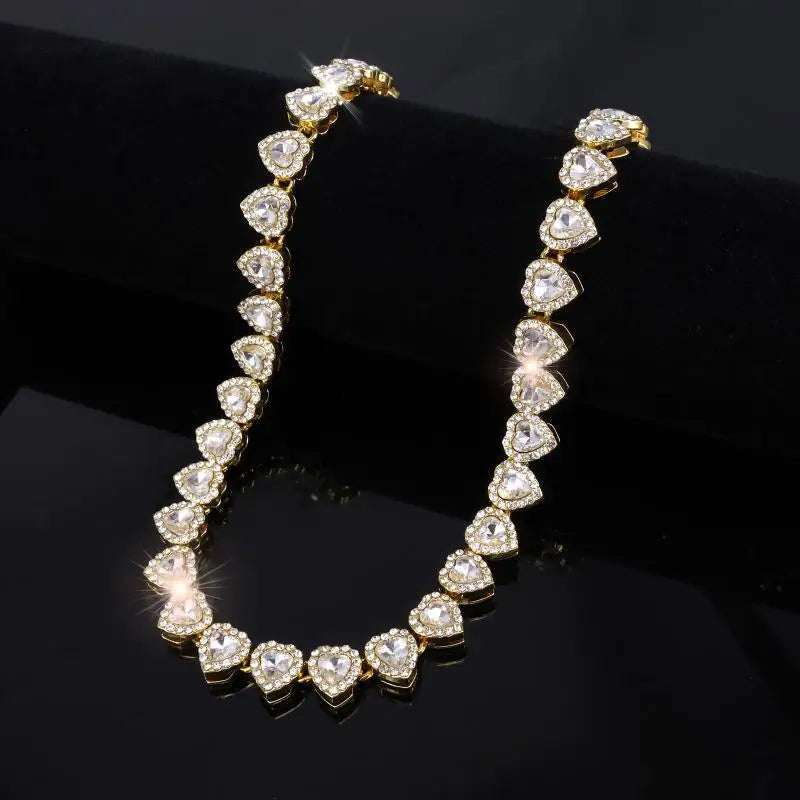 45CM New Hip Hop Tennis Chain Bracelet Necklace Shiny Heart Rhinestone
