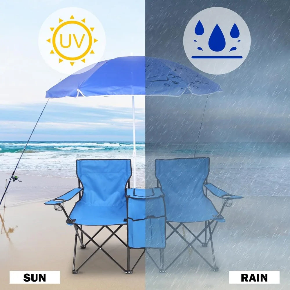 Folding Double Camping Chair with Umbrella and Cooler for Outdoor Use - Portable, Large Capacity, Ideal for Beach, Park, Pool