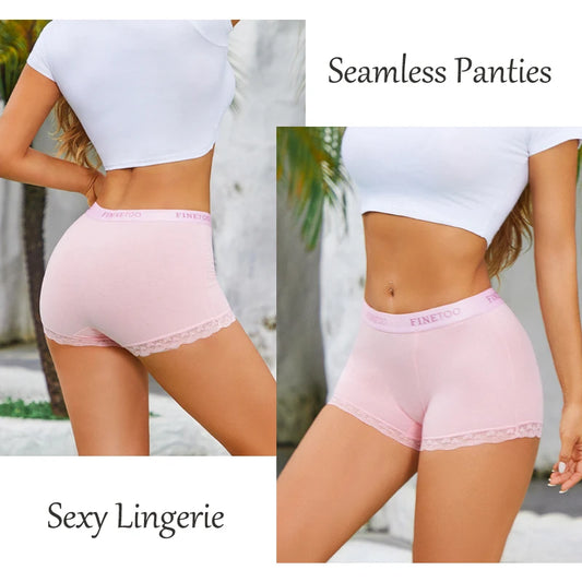 FINETOO 2Pcs/Set Women's Seamless Cotton Lace Boxer Shorts Solid Color Letter Comfortable Sport Panties Soft Breathable Boyshort