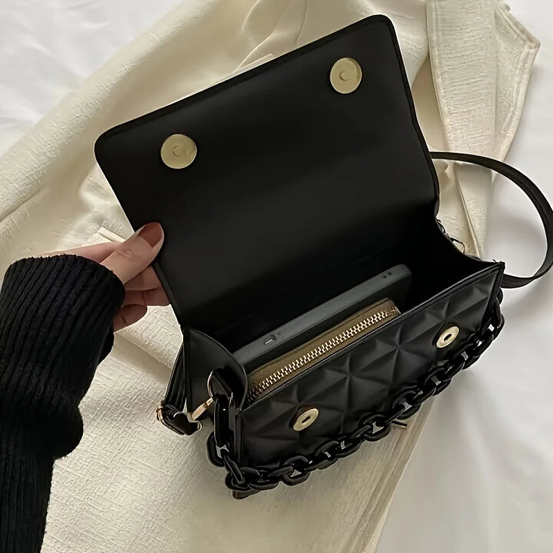 Quilted Rhombus Small Handbag for Women, Retro Thick Chain Flap Square Purse, Versatile Crossbody Shoulder Bag for Daily Outfit
