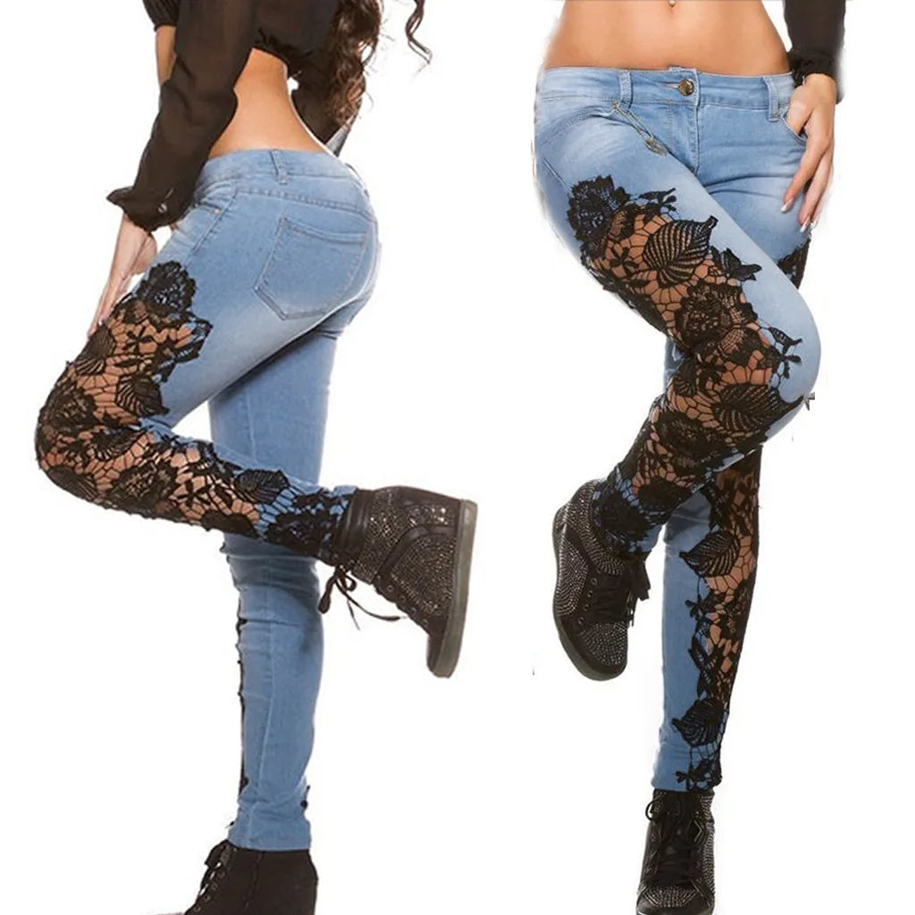 Pencil Denim Hollow Out Women Jeans Fashion Floral Appliques Lace Patchwork Pants High Waisted Slim Fit Sexy Denim Trousers