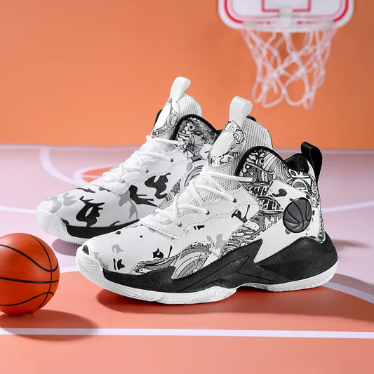 Fashion Basketball Shoes for Kids High-top Sneakers Children Casual Sports Shoes Ankle-protected Anti-slippery Gym Trainers Boys