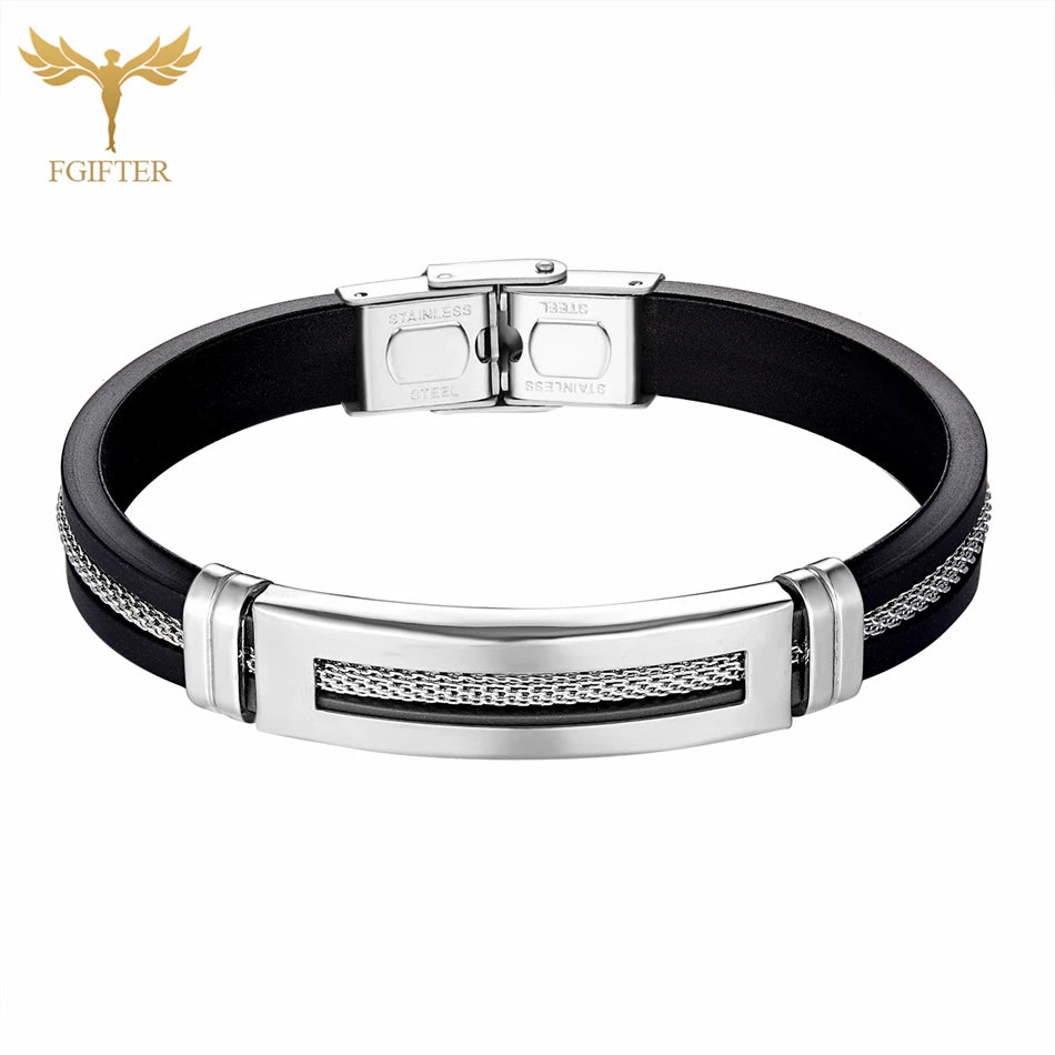 Stainless Steel Bracelet Men Women Wristband Black Grooved Rudder Mesh Chain Insert Gothic Wristband Stylish Bangle Accessories