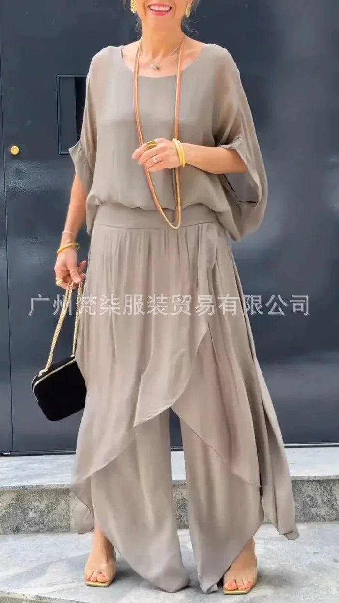 2025 Summer Fashion Women's Solid Color Casual Trendy Loose 2 Piece Chiffon Sets O-neck Short Sleeve T-shirts Wide Leg Trousers