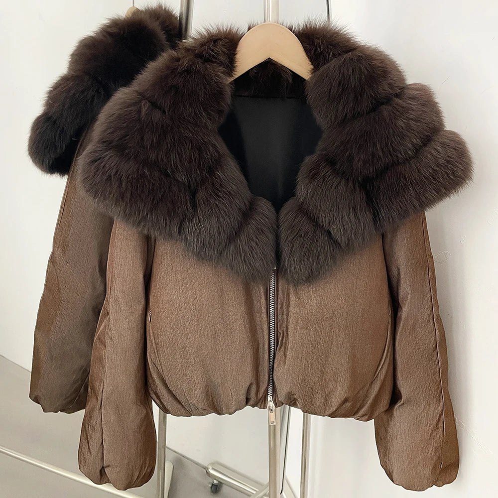 OFTBUY Winter Voluminous Fox Fur Collar Coat Women Zipper Duck Down Jacket Female Relaxed Short Down Coat Warm Outerwear