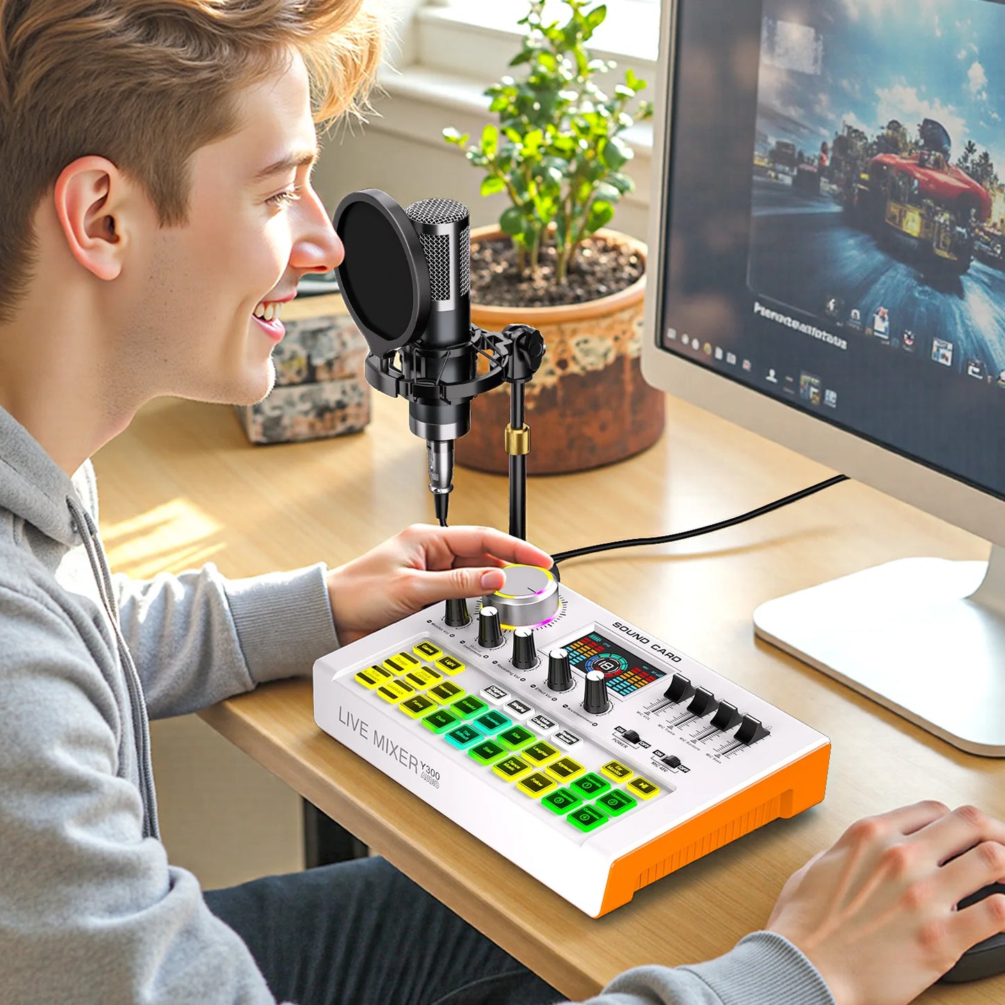 Tenlamp Y300-P15B Podcast Microphone Bundle with Live Sound Card Audio Mixer, 3.5mm Condenser Mic for PC Smartphone Gaming Streaming Singing YouTube Vlog Studio Recording