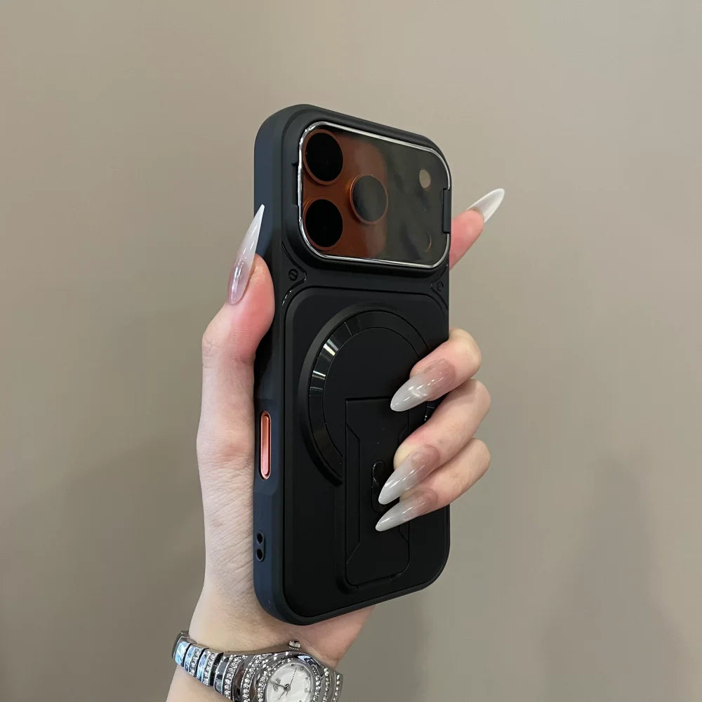 Matte Armor Fold Stand Magnetic Case for iPhone 17 16 15 14 Plus 13 12 11 Pro Max For Magsafe Camera Holder Lens Protect Cover