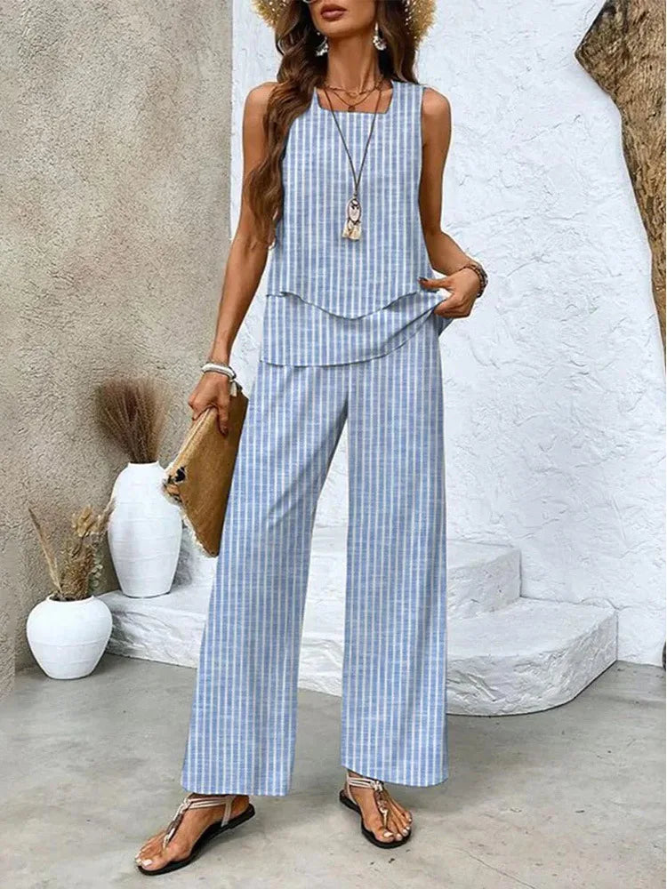 Summer Print Women Two Piece Set Fashion Top Sleevelss Elegant Suits Casual Office New Holiday Suit 2 Piece Set