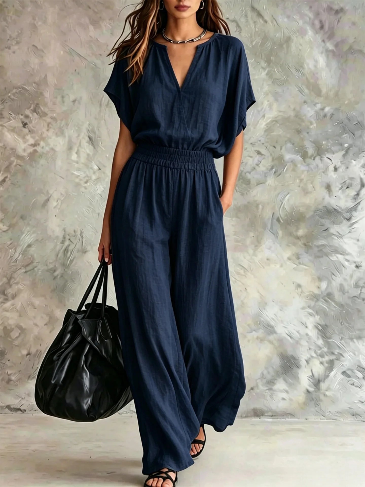 Women Casual Cotton Linen 2 Piece Outfit Summer Loose V Neck Short Sleeve Top Elastic High Waist Wide Leg Pants Set With Pockets